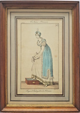 Ancienne gravure de mode Empire 1808, Costume Parisien, redingotte Polonaise.
