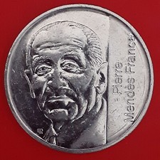 Pièce commémorative de 5 francs Mendes France en cupronickel 1992 SUP nettoyée.