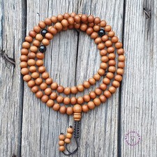 Collier 108 perles en bois de santal avec perles en onyx noir - chapelet Mala...