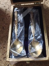 Coffret 2 Cuillères En Plaqué Or 24k 24 Carats Fleurs Décoratif Vintage Japon