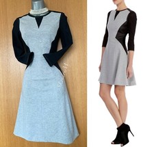 Karen Millen UK 8 Gris et Noir Contraste Faux Cuir Maille Manche Robe Patineuse