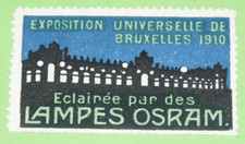 CINDERELLA TIMBRE 1910 BRUXELLES BELGIQUE EXPOSITION UNIVERSELLES LAMPES OSRAM