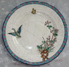 SUPERBE ANCIENNE ASSIETTE  EN EMAUX DE LONGWY DECOR PAPILLON ET OISEAU