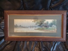 Antique Aquarelle Peinture Tableau Japon 19ème Signé Baie Lac