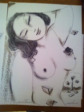 Grande Aquarelle Nu Philippe MARTINERY sur papier épais Dessin 