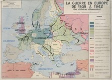 Carte scolaire 1966 La guerre 1939 à 1942 victoires allemandes (111 x 80 cm)