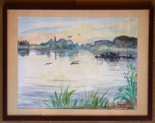 tableau aquarelle de Gérard Fagard (1938-2021): oiseaux sur l"étang