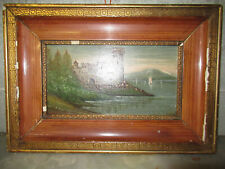 TABLEAU ANCIEN PEINTURE A L'HUILE--CHATEAU FORT AU BORD DU LAC