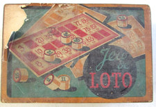 Ancienne boîte en bois Loto Bingo Jeujura : 24 cartons de jeu (n° 73 remplacé),
