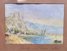 ancien Tableau / Aquarelle signée L Vallé .  ANDELYS ,  Le Château GAILLARD
