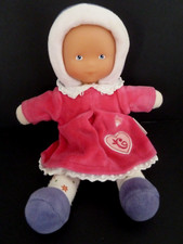 50. DOUDOU POUPEE COROLLE robe rose fushia violet coeur col blanc 25cm - TBE