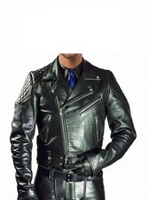 Blouson de motard ceinturé en cuir véritable pour homme manteau noir en...