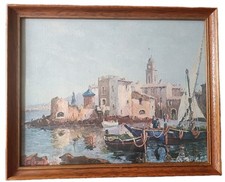  Vintage Harbor Scene with Boats and Old Town – Oil Painting By Joseph Colombini