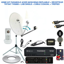 HDME KIT PARABOLE ACIER 60CM BRAS REPLIABLE + RÉCEPTEUR TNTSAT + LNB SINGLE
