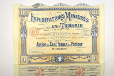 EXPLOITATIONS MINIERES EN TUNISIE ACTION DE 100 FRANCS PARIS 1926 + COUPONS