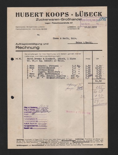 Lübeck invoice 1938 hubert - lübeck,, 1938,