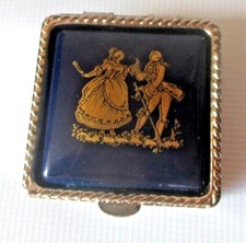 Boite pilulier couleur or pale couvercle Émail de Limoges bleu de four vintage