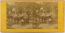 FRANCE Famille à table Jardin Photo c1870 Stereo Vintage Albumine