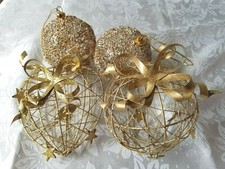 Vintage 3-D Metal Wire Gold Christmas Ornaments w/Hanging Charms + 2 Fabric Mesh