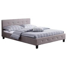 Lit double avec sommier 140x190cm revêtement en tissu capitonné gris et strass