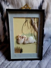 TABLEAU CADRE VINTAGE NOIR 3 D  OISEAUX CYGNE PLUME JAPON ASIATIQUE  