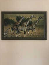 Cadre Bois vert kaki Sous Verre Décor Girafes Verre Traité Anti Reflets