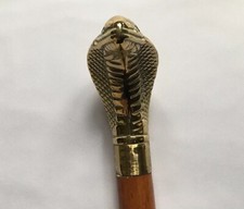 CANNE Poignée TÊTE DE COBRA en LAITON DORÉ Fût en BOIS TEINTÉ VERNIS