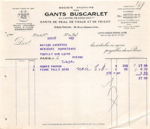 Facture 1934 societe anonyme - societe,