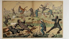 Rare grand pochoir original caricature 1880 Chasse au lapin signé Edmond Lavrate