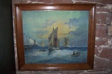 MAGNIFIQUE TABLEAU HST SCENE MARINE ,BATEAUX,PÊCHEUR SIGNE M.BERNARD (1885-1962)