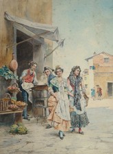 Maurice Leloir - Très belle aquarelle - Scène de marché animée au XVIIIe siècle