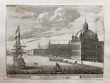 GRAVURE Vue du Palais Royal de LISBONNE 1715 Pieter Van der Aa Délices