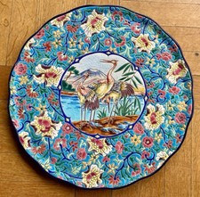 Grand plat émaux de Longwy hérons réhaussé JM