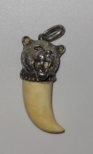 Pendentif ancien griffe ou dent de tigre, monture tête de félin en argent #GT D2