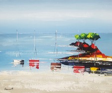 Tableau marin bateaux en mer arbres sur île, décoration art couleurs art+châssis