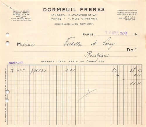 Facture 1935 dormeuil - 1935,