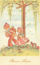 CP ILLUSTREE BONNE ANNEE GARCON BONNET PETITE FILLE FOULARD JOUETS - 26215