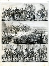 Armée médiévale, porte bannière, moyen âge..gravure ancienne...1849