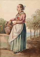 Aquarelle italienne dessin gouache napolitaine femme Sorrente costume italien 