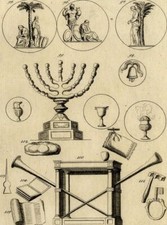 Antiquité Instruments Chandelier d'or Juif Encensoir Gravure originale XVIIIè