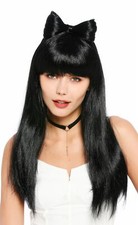 Perruque Femmes Cosplay Halloween Carnaval Noir Lisse Haar-Schleife Frange 92088