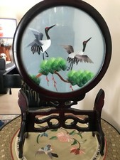 CADRE TABLEAU SUR SOCLE BRODERIE IBIS CHINE CHINOIS ASIATIQUE JAPONAIS ORIENT