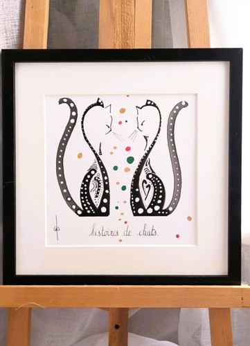 Tableau chat abstrait encre - chat,
