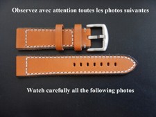 22 mm BRACELET CUIR DE VEAU VÉRITABLE MARRON MIEL FAIT MAIN COUTURES BLANCHES