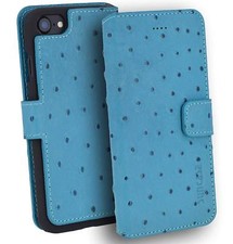 IPHONE 7 8 Étui Livre Cuir Sac Portefeuille Coque D'Autruche Look En Turquoise