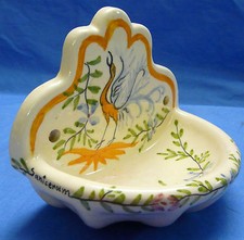 Porte savon ancien épaisse faïence SANICERAM décors main bénitier RARE UNIQUE