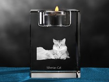 Chat Sibérien, Bougeoir En Cristal Avec Chat, ANIMAUX EN CRISTAL DE