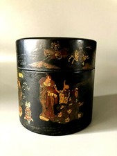 Antique Japanese Hand Painted Papier Mache Black Lacquer Box