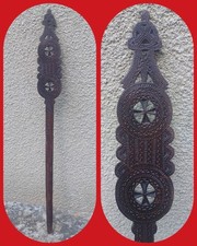 Ancienne Grande Quenouille Sculptée Outil Art Populaire Début XXe