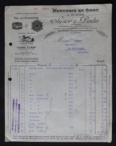 Facture paris 1919 mercerie - 1919,